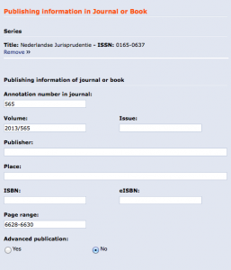 Correcte invoer van de gegevens onder Publishing information in Journal or Book die behoort bij een annotatie in een tijdschrift